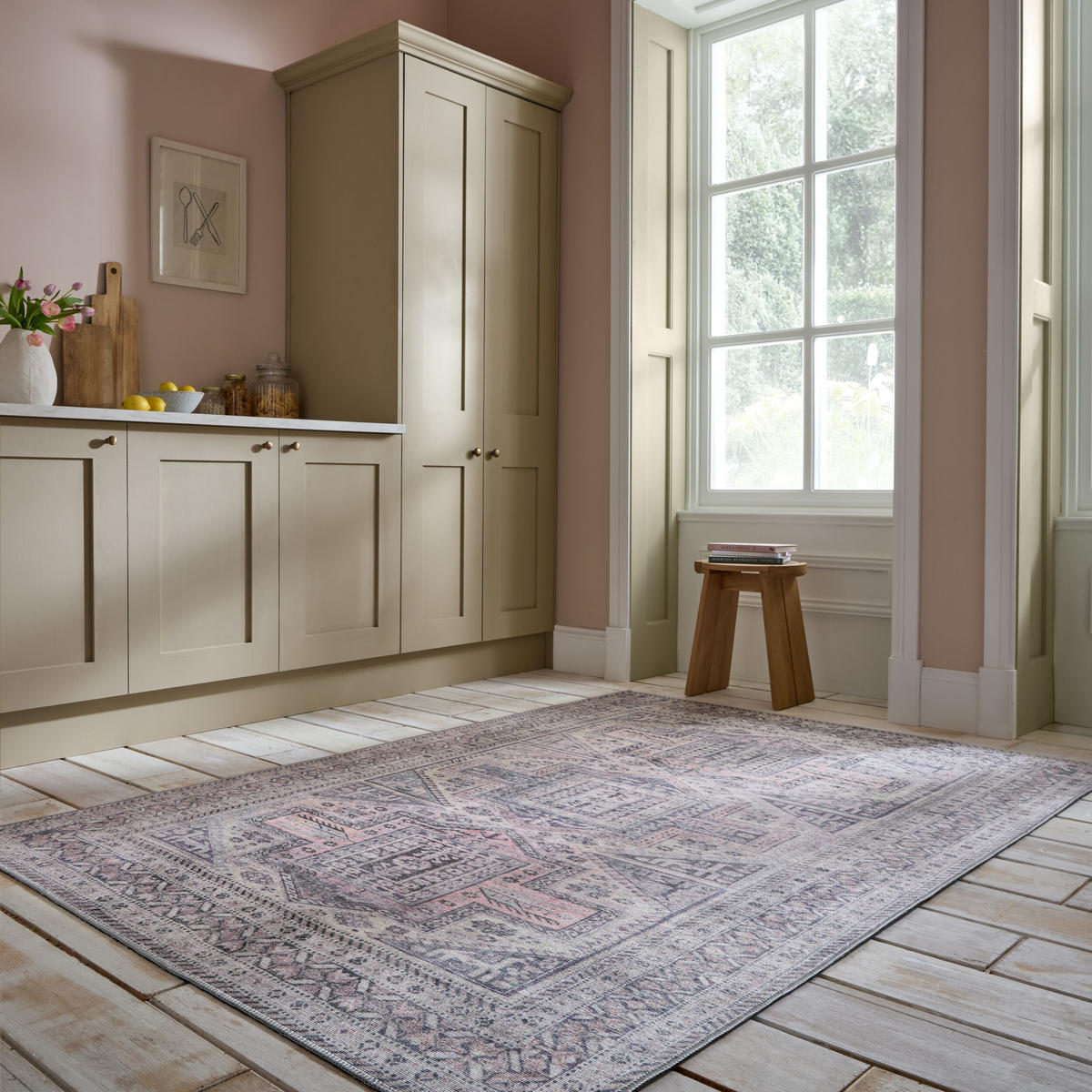 TEPPICH waschbar Vintage Geometrisch, Orientalisch, Küche schmutzabweisend Grau-Rosa Rechteckig 190x290 - Grau, Textil (190/290cm) - KADIMA DESIGN