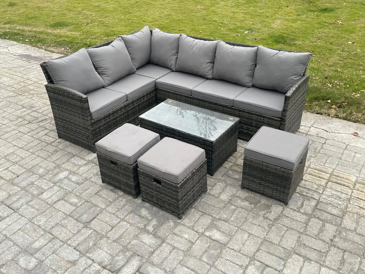 GARTENSET mit Couchtisch Polyrattan Dunkelgrau 9-Sitzer - Dunkelgrau/Grau, Glas/Kunststoff - Fimous