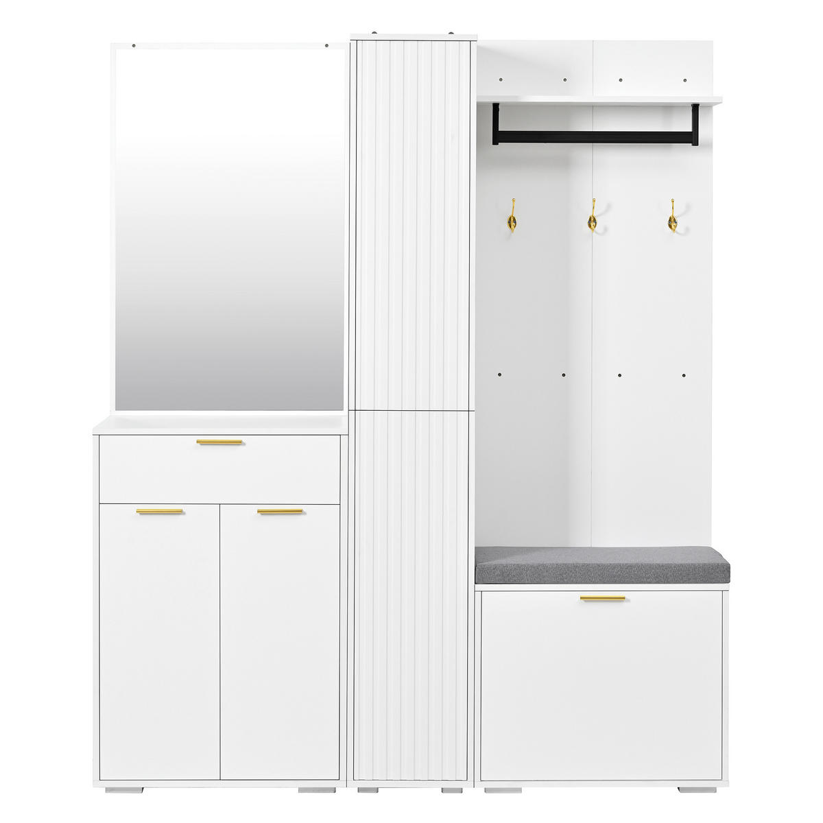 GARDEROBE Weiß Spiegel Bank 3 Türen Schuhregal 150x36x180cm - Weiß, Holzwerkstoff (150/180/36cm) - FLIEKS