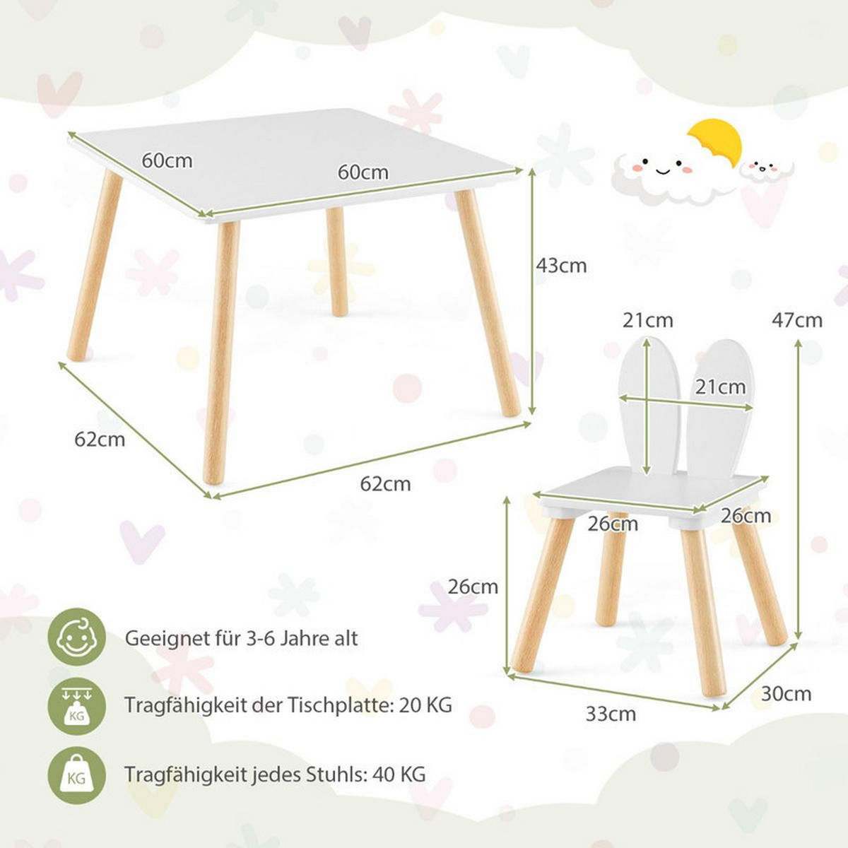 KINDERTISCH mit 2 Stühlen weiß(3-tlg) - Weiß, Holzwerkstoff (62/43/62cm) - COSTWAY
