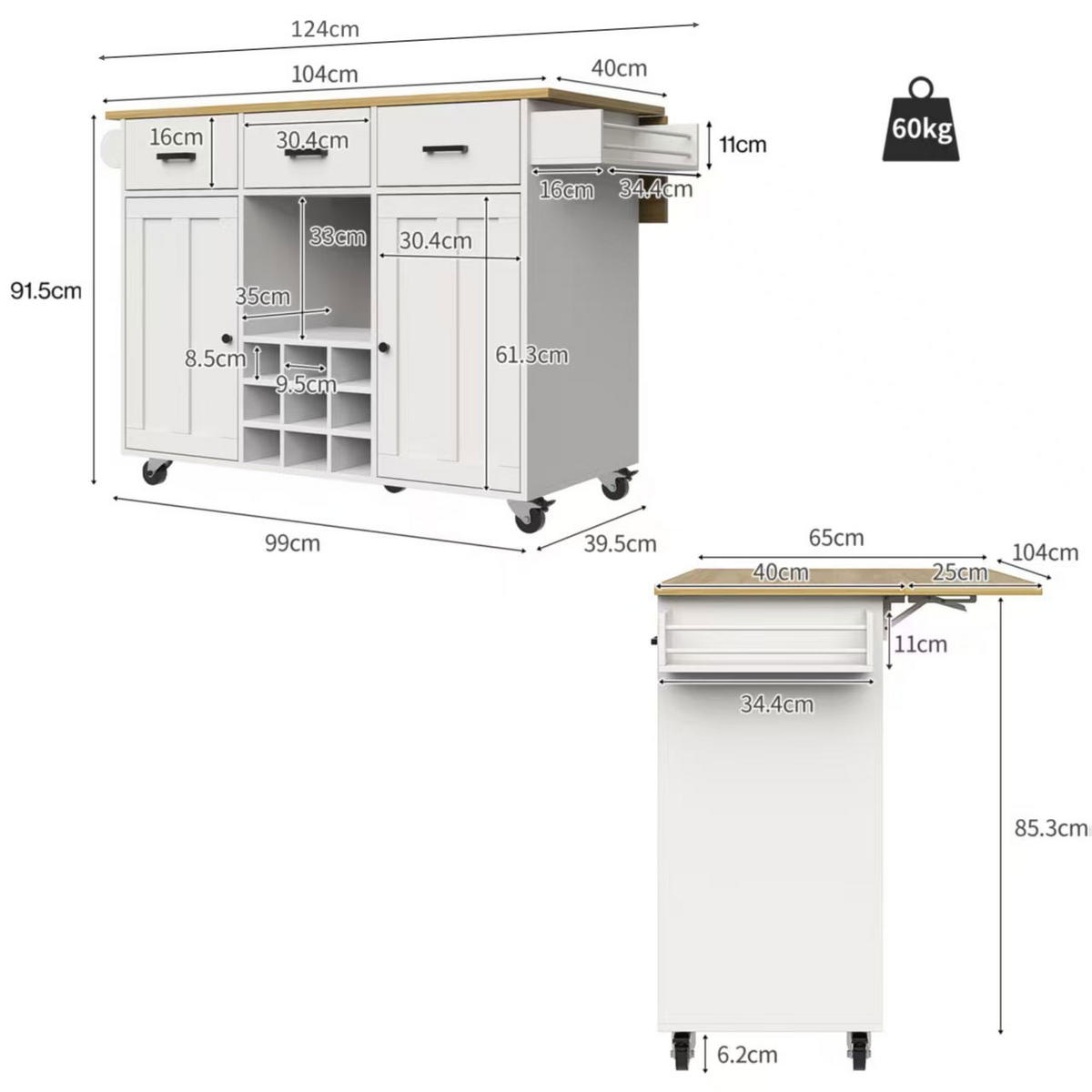 KÜCHENWAGEN 104x39.5x91.5cm Weiß mit 3 Schubladen & Weinrutsche - Weiß, Holzwerkstoff (104/91.5/39.5cm) - Modfu