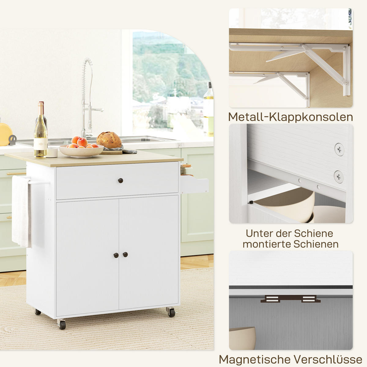 KÜCHENINSEL Küchenwagen auf Rollen mit Klappbar Arbeitsplatte, Schublade Weiß - Schwarz/Weiß, Holz/Holzwerkstoff (42/87/106cm) - HOMCOM