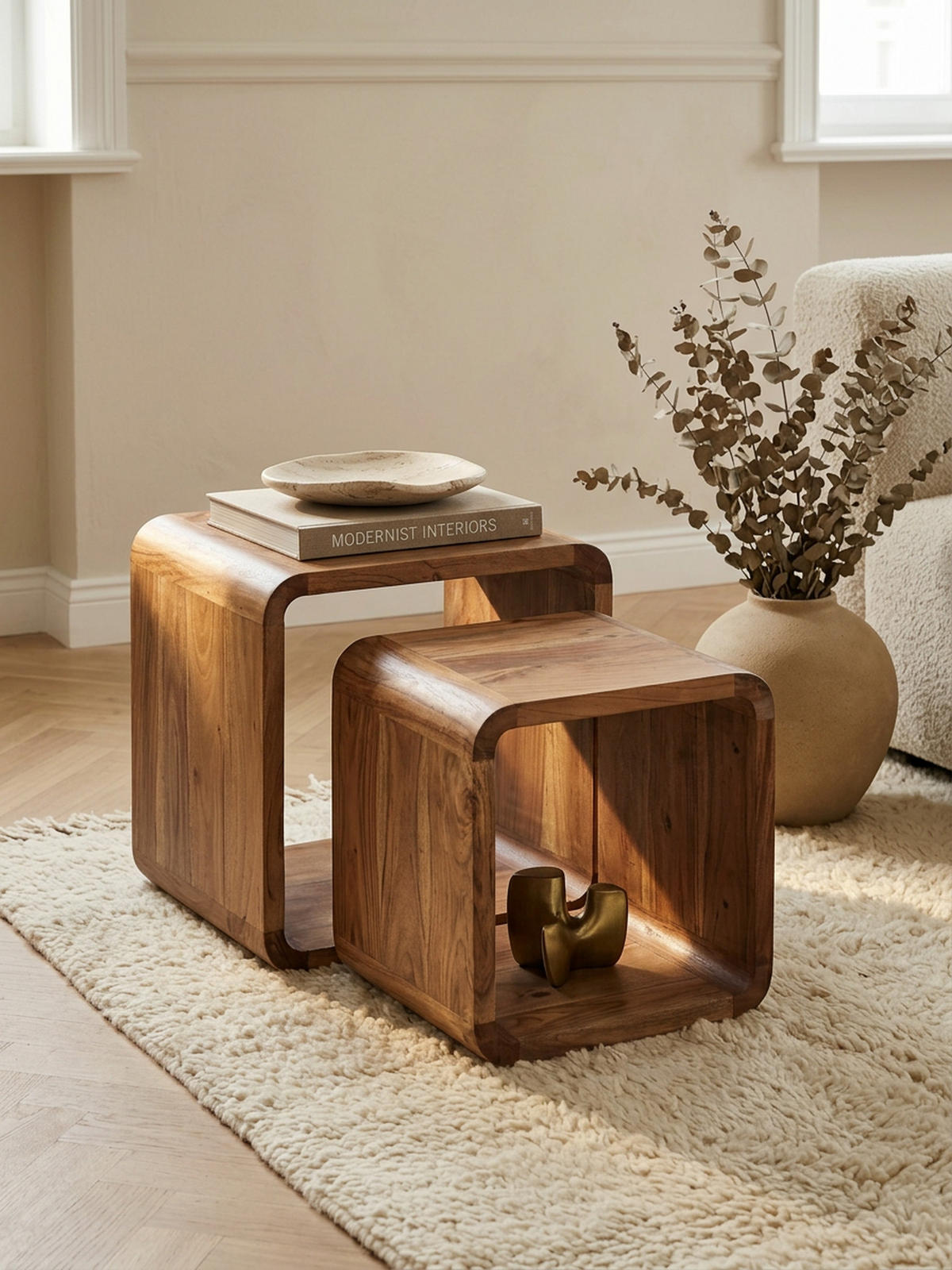 BEISTELLTISCH Set – 2-teilig Akazie Massivholz handgefertigt - Beige/Braun, Holz (36/43/43cm) - KADIMA DESIGN