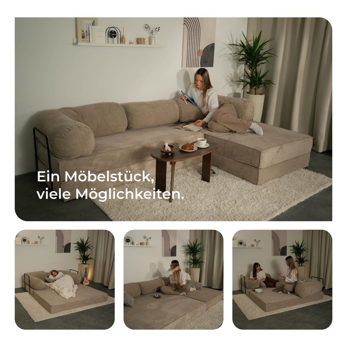 ECKSOFA ETERA modulares Boneless Sofa mit Schlaffunktion Blau Kordstoff - Blau, Textil (270/160cm) - MASSENO
