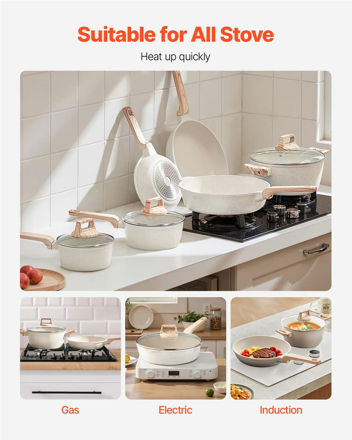 KOCHTOPFSET 17-teilig Induktion Antihaft Glasdeckel - Beige, Metall - Bextcok