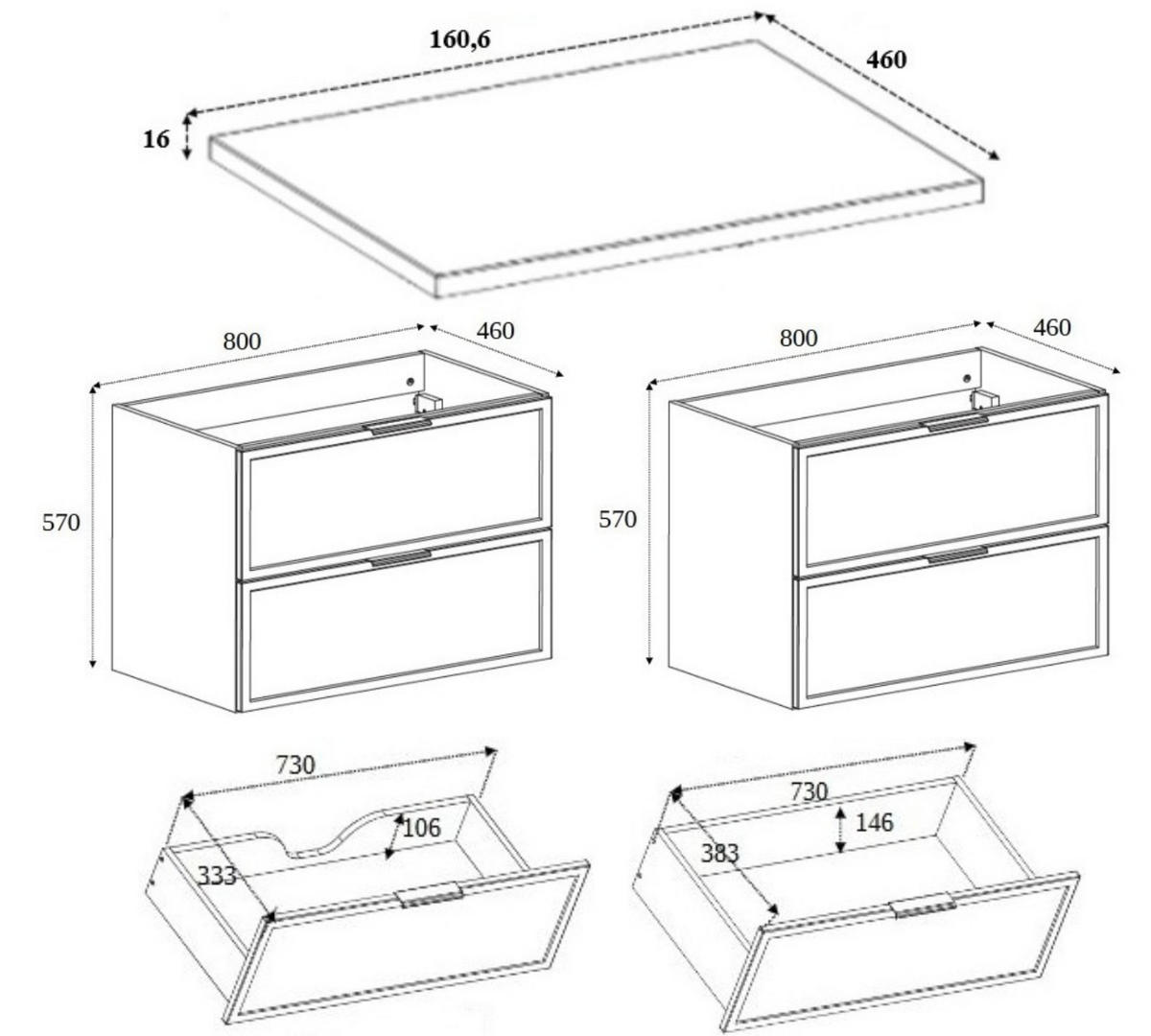 BADEZIMMERSCHRANK, Kaschmir / Dunkelgrau, Schwarze Griffe, 160 (2 x 80) x 46 x 57 cm - Kaschmir/Schwarz, Holzwerkstoff/Kunststoff (160/57/46cm) - 3XE LIVING
