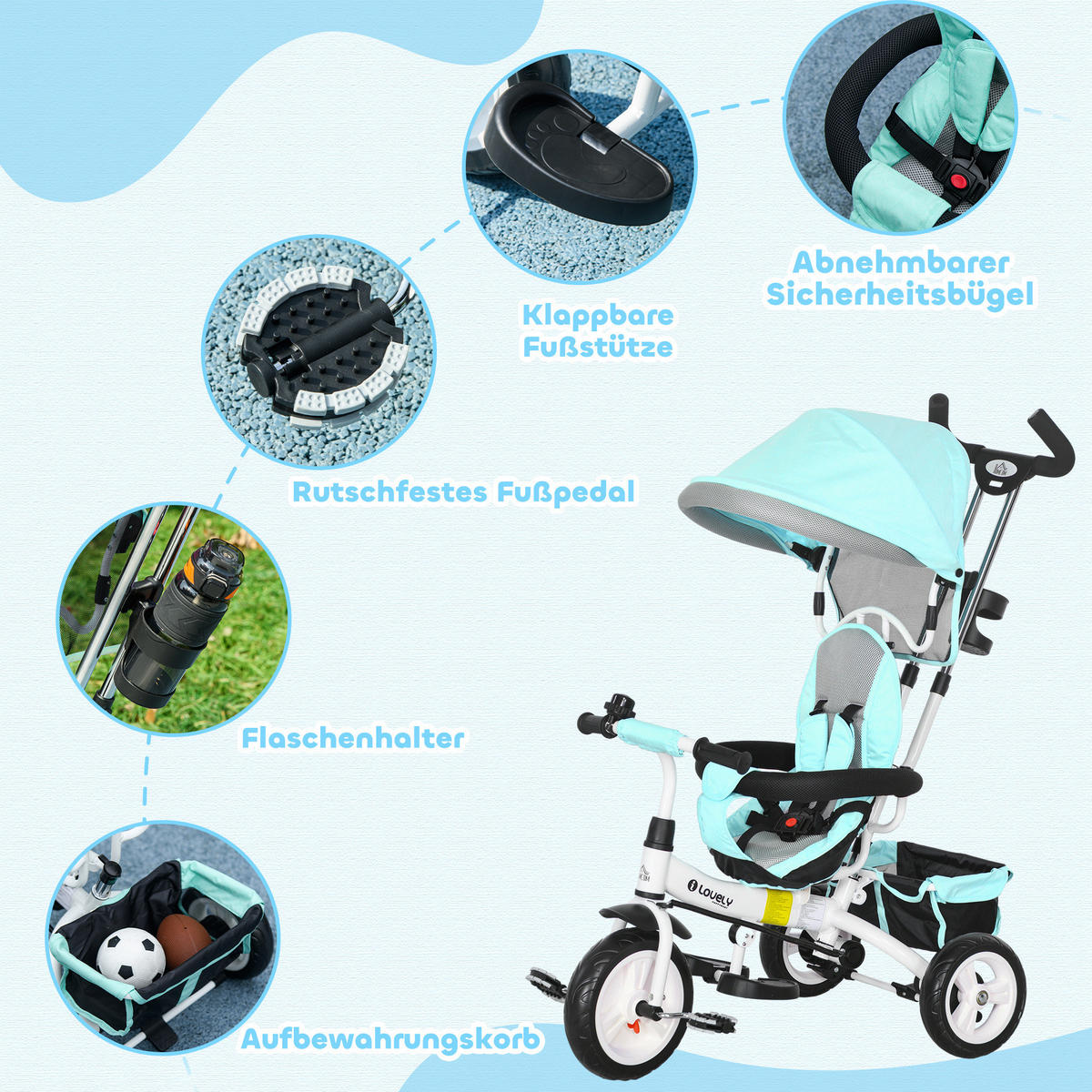 6-IN-1 Dreirad mit Schubstange, Kinderdreirad mit abnehmbarem Sonnendach Grün - Grün, Metall (95/50/106cm) - HOMCOM