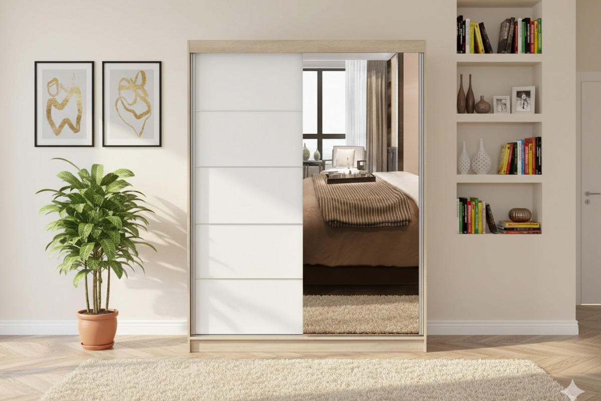 SCHWEBETÜRENSCHRANK VELMA 05 150/200 in Eiche Sonoma/Weiß mit Spiegel und LED - Eichefarben/Weiß, Holzwerkstoff (150/61/200cm) - Deine Möbel 24