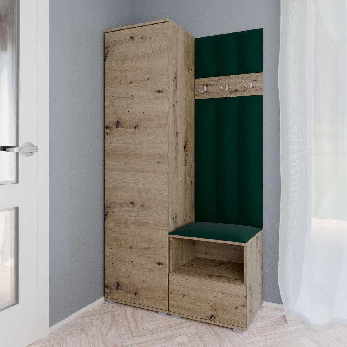 GEPOLSTERT Garderoben-Set Nela I LUX (Eiche Artisan + Stoff Trinity 28) - Dunkelgrün/Silberfarben, Holz/Holzwerkstoff (100/187/40cm) - Ravio
