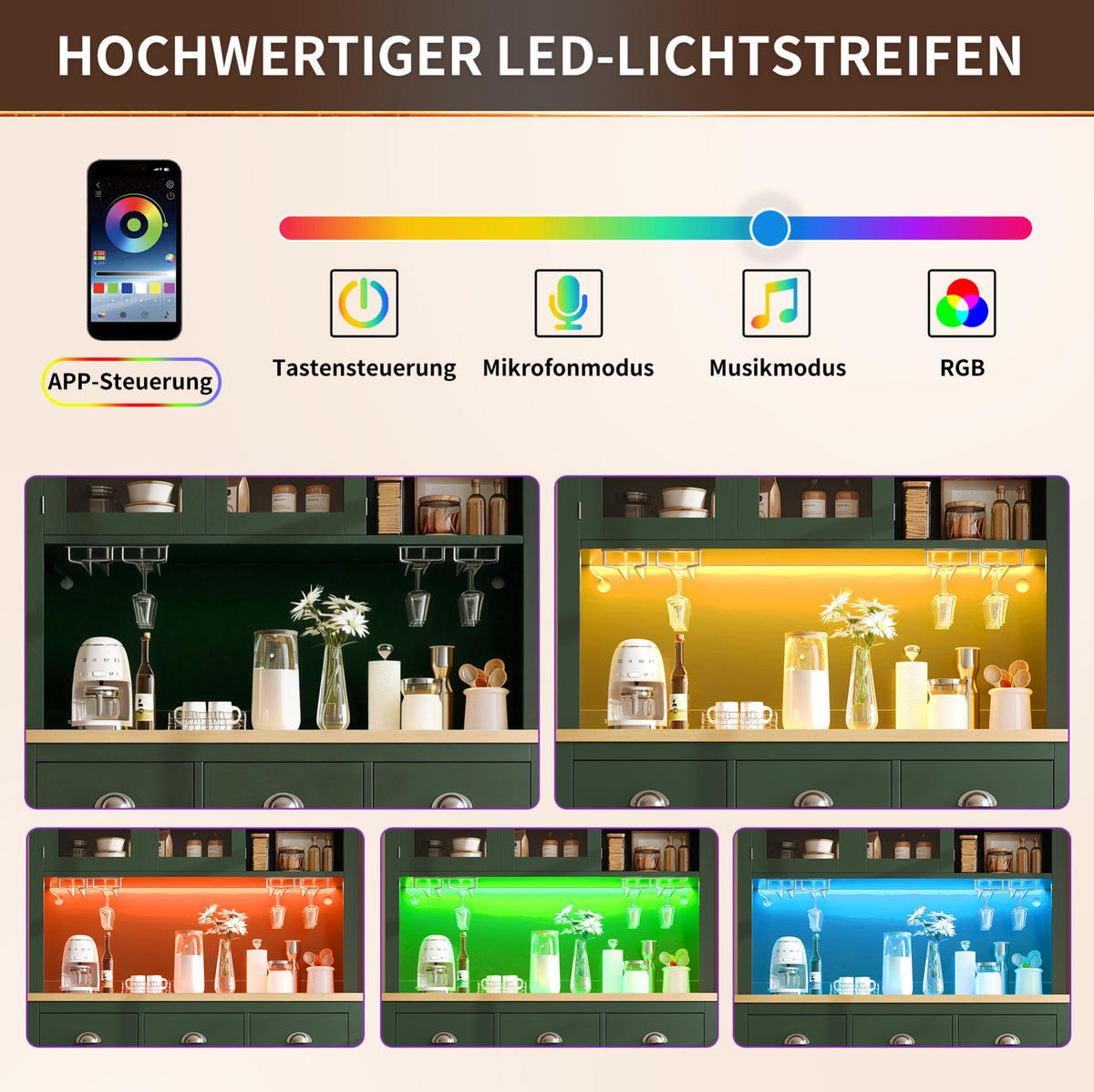 BUFFETSCHRANK aus MDF 104/40/180 cm mit LED-Lichtleiste, App-Steuerung und viel Stauraum, Grün - Grün, Holzwerkstoff (104/180/40cm) - Redom