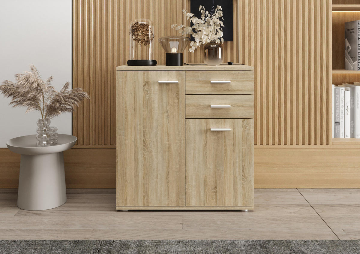 KOMMODE London LMK 2D2S mit 2 Türen, Sideboard in Farbe: Hellbraun, Größe: 71 x 75 x 35 cm - Hellbraun, Holzwerkstoff (71/75/35cm) - O-Sofa