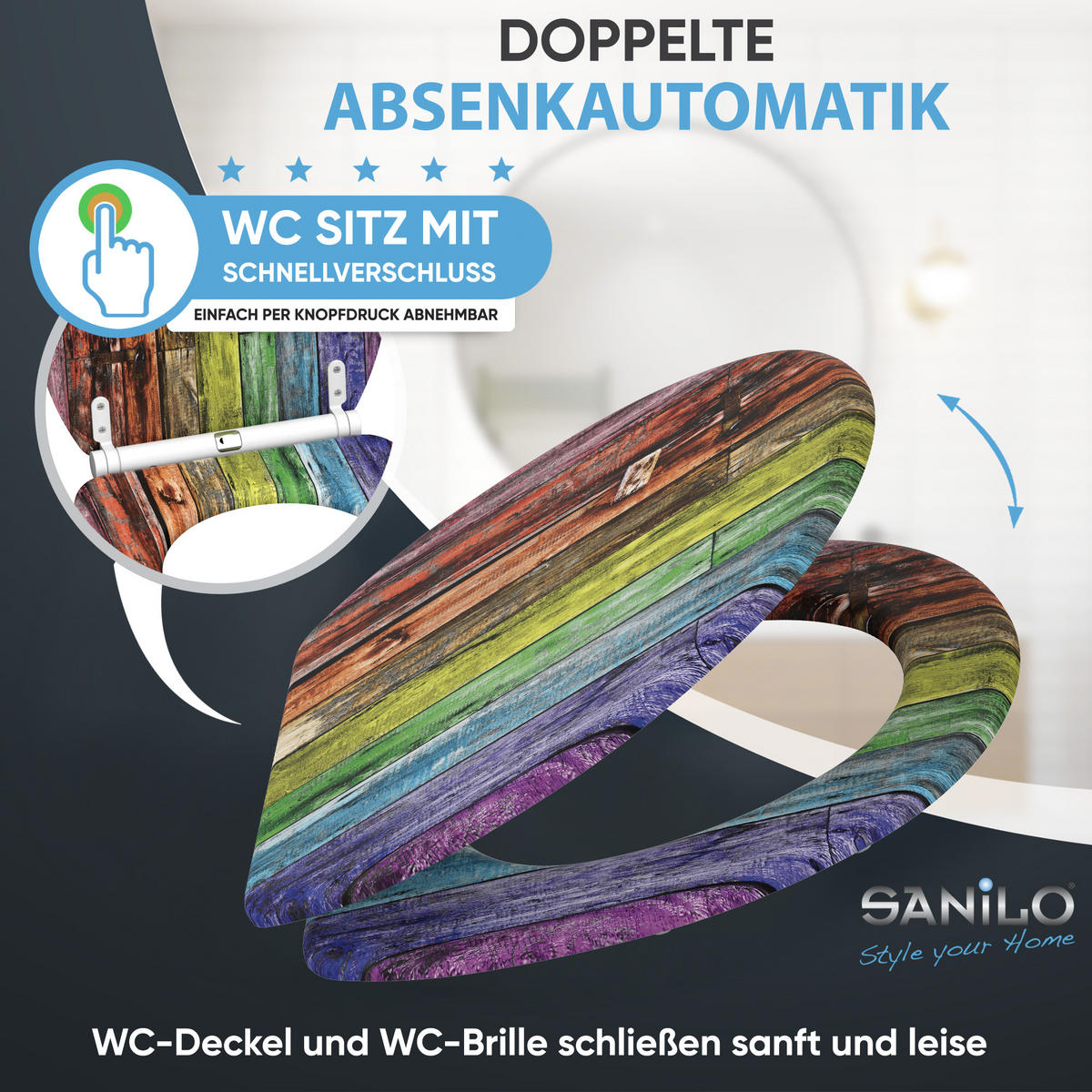 WC-SITZ mit Absenkautomatik & Top Fix Rainbow - Multicolor, Holzwerkstoff (37.7/5.5/48cm) - Sanilo
