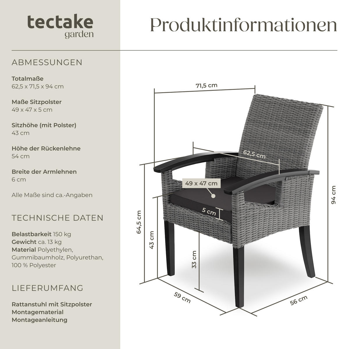 RATTAN STUHL Rosarno, inklusive Sitzpolster, 62,5 x 71,5 x 94 cm, grau - Grau, Kunststoff (62.5/94/71.5cm) - tectake
