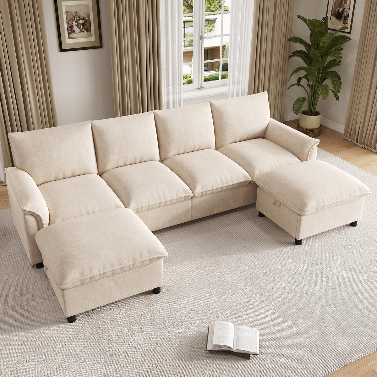 WOHNLANDSCHAFT 264.5/142.5/84 cm Beige mit 2 Aufbewahrungs-Ottomane - Beige, Textil (142.5/84/264.5cm) - Oxeza