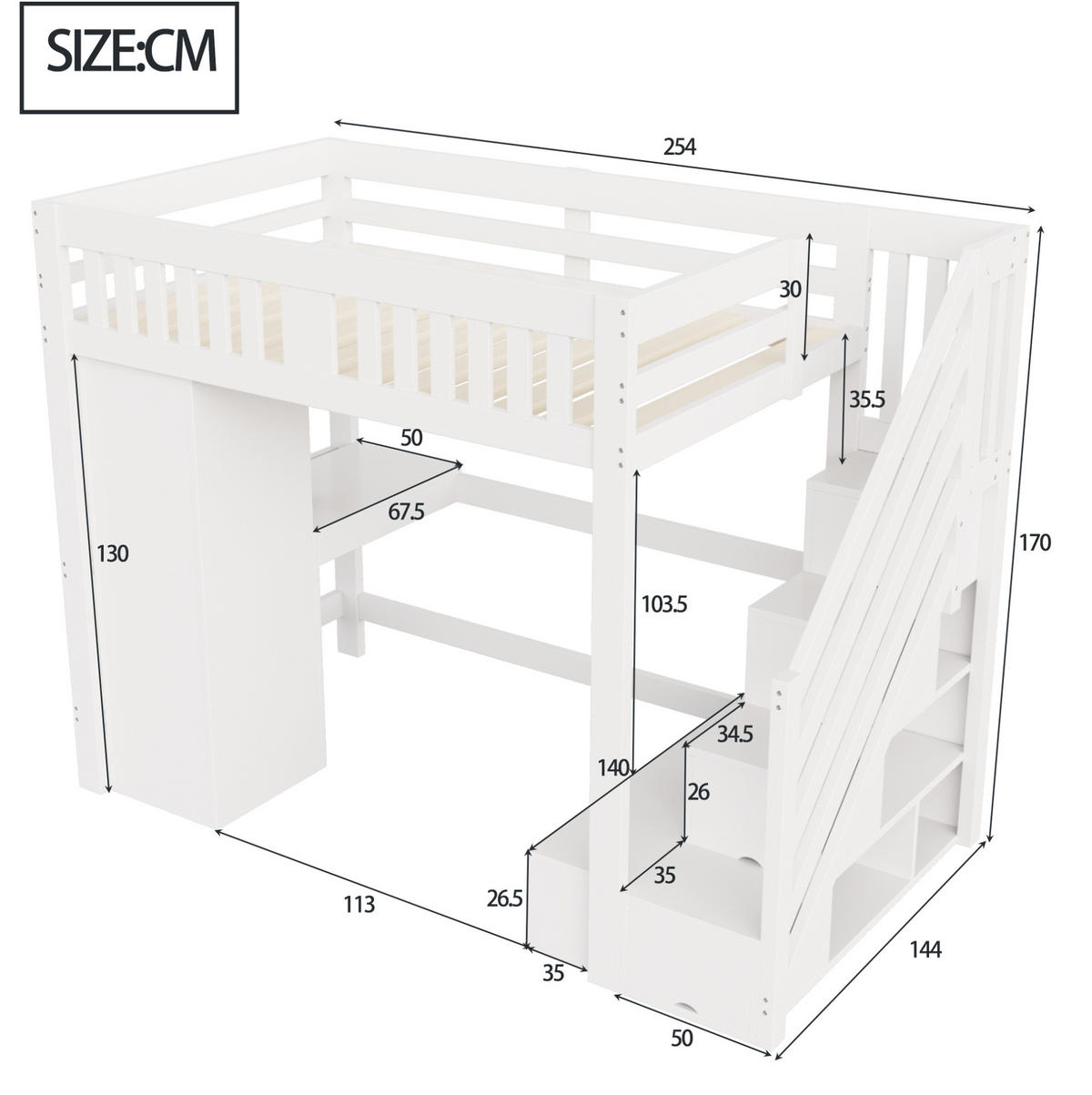 HOCHBETT 140/200 cm mit Stauraumtreppe, Kleiderschrank, Schreibtisch, LED-Beleuchtung und Bank, Weiß - Weiß, Holz (140/200cm) - Redom