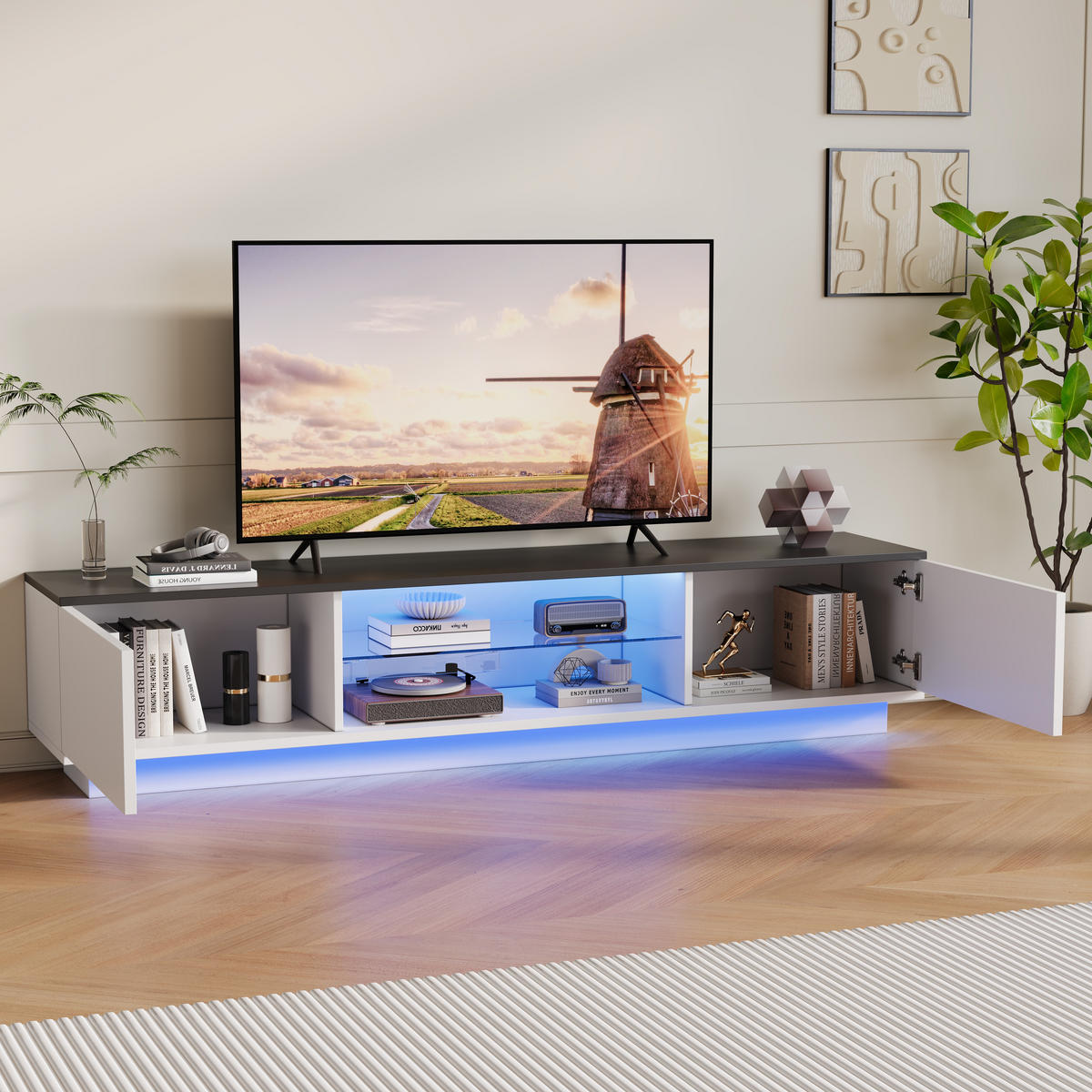 TV LOWBOARD 160x32x35 cm LED 16 Farben Türen Holz weiß schwarz - Weiß, Holz (160/42/32cm) - LEBENLANG