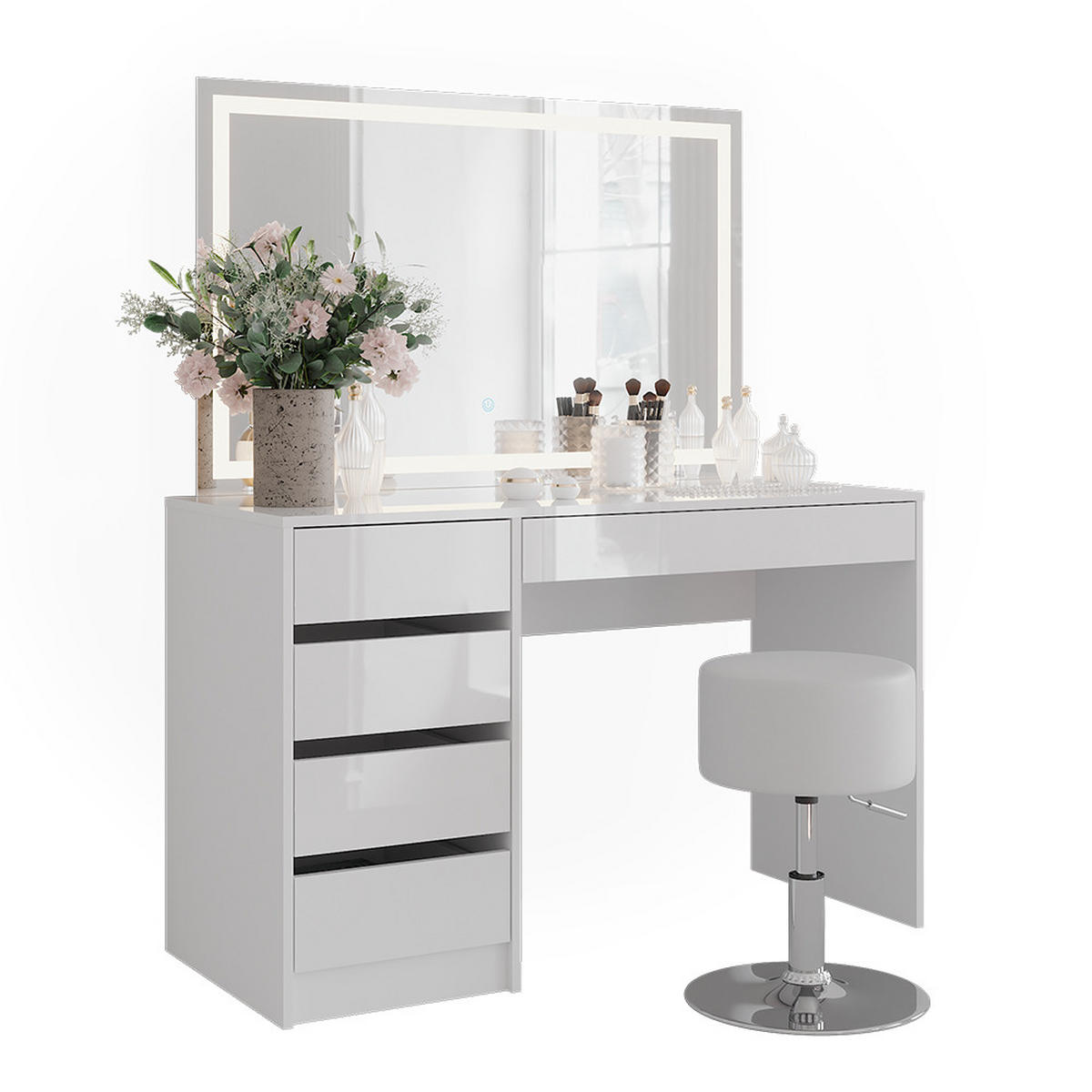 SCHMINKTISCH Sherry Weiß/Weiß Hochglanz 119.8 cm mit LED-Spiegel und Hocker - Weiß Hochglanz, Holzwerkstoff (119.8/76/50.1cm) - Vicco