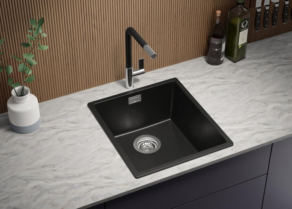 SPÜLBECKEN London Slim, 2-er set Schwarz Metallic 41/47 cm 1 Becken + Ablauf-Set ab 45er Unterschrank - Chromfarben/Schwarz Hochglanz, Kunststoff (41/20/47cm) - Primagran