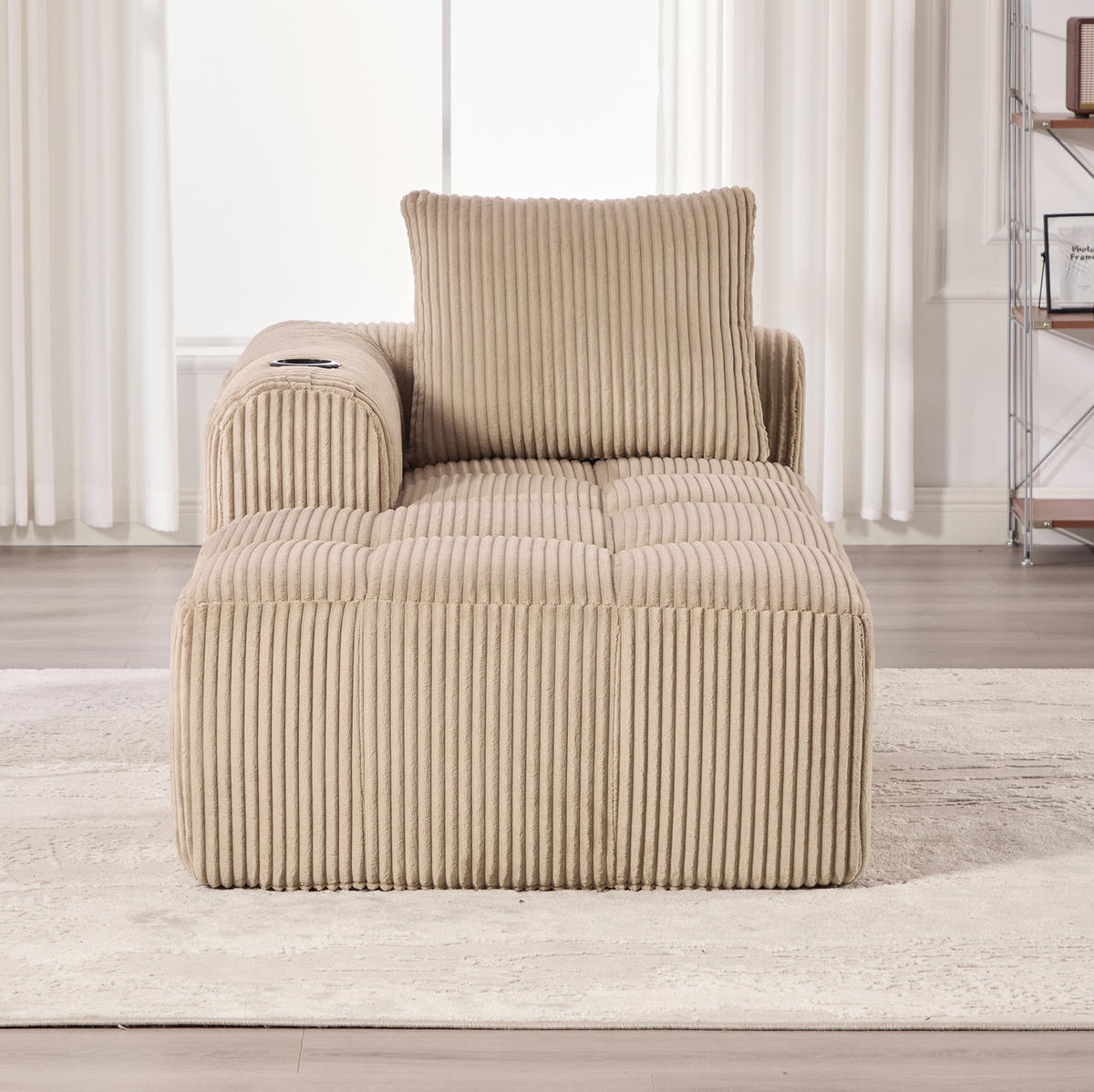 SOFA od samta, 158/93/61 cm kaki, s bočnim džepovima i držačima za piće - boje pijeska, tekstil (93/61/158cm) - BEAOK