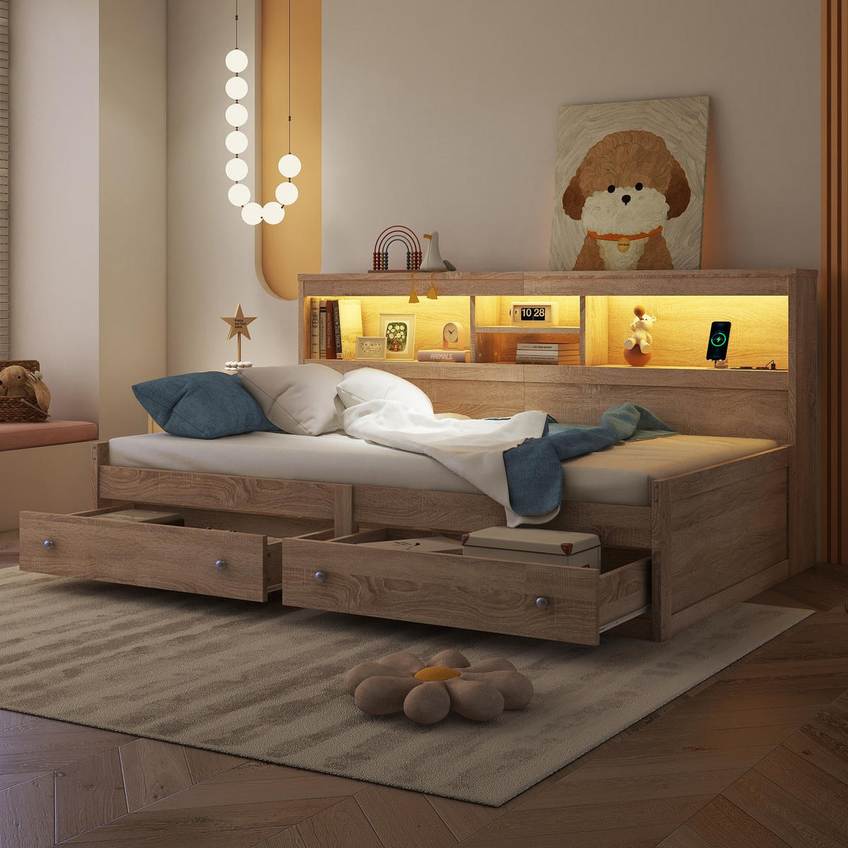 KREVET 90/200 cm od iverice i MDF-a s LED ambijentalnim osvjetljenjem, 2 USB priključka i ladicama, Natur - prirodne boje, drvni materijal (90/200cm) - Redom