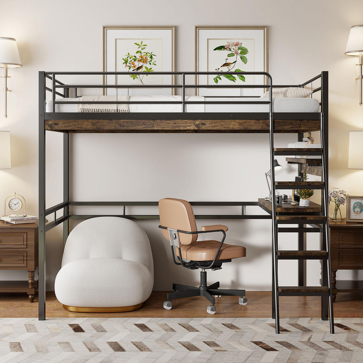 HOCHBETT 90/200 cm aus Metall mit Schreibtisch und Regalen Schwarz - Schwarz, Metall (90/200cm) - Modenvie