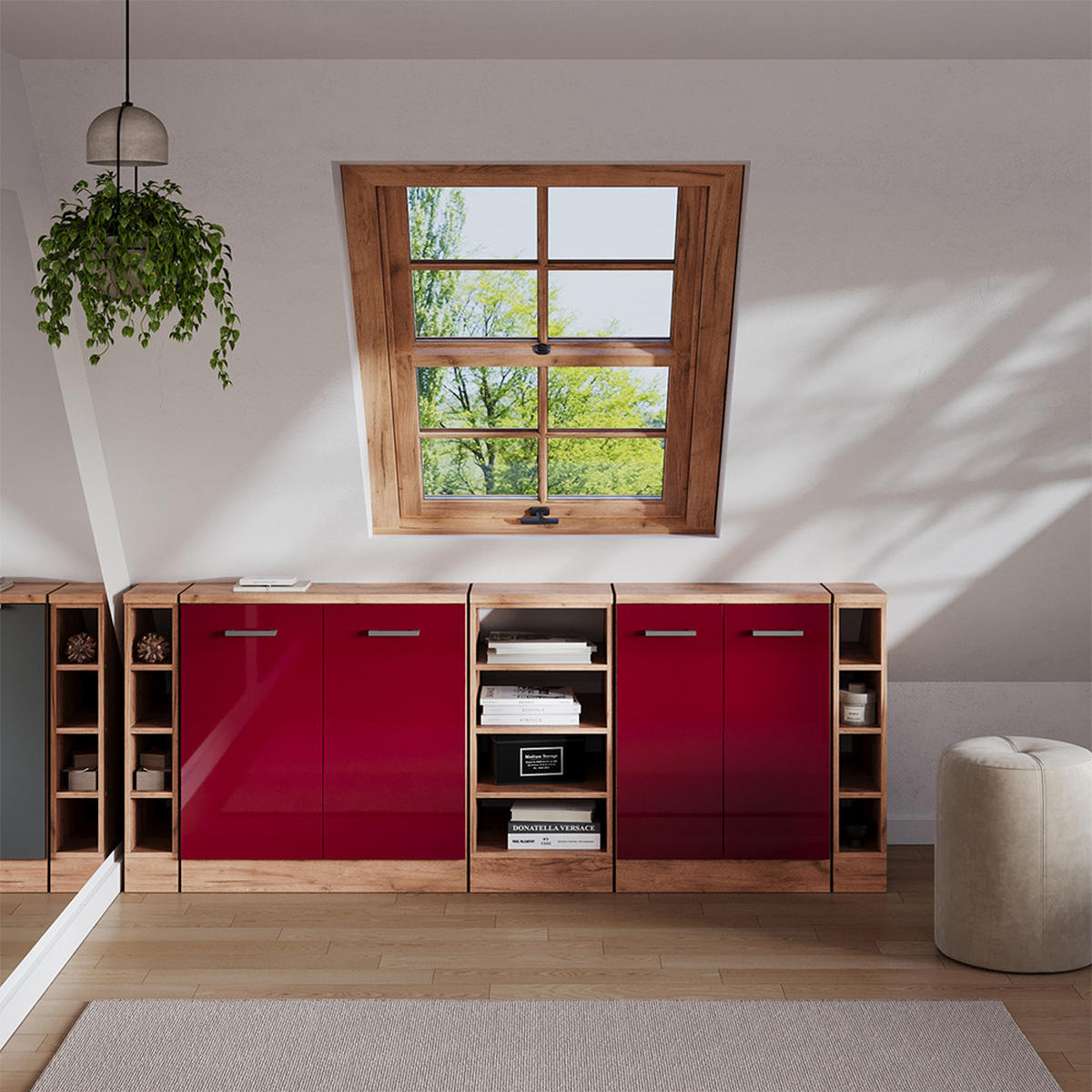 DACHSCHRÄGENSCHRANK-SET Rion Rot Hochglanz 210 cm 5er Set Schrankkorpuss 60 cm Tiefe - Honigeiche/Bordeaux, Holzwerkstoff (210/83.8/60cm) - Vicco