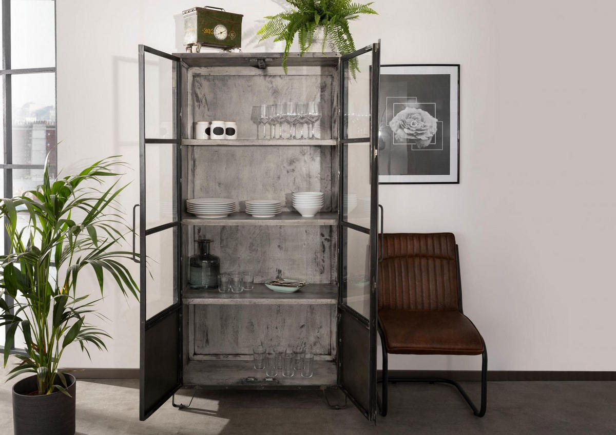 VITRINE Mango 90x40x190 grau lackiert HEAVY INDUSTRY #123 - Grau, Holz (90/190/40cm) - Massivmoebel24