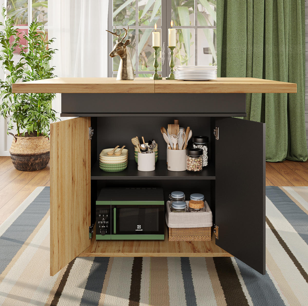 JÍDELNÍ stůl 110-140/80/75 cm černá/přírodní z MDF s výsuvnou deskou a úložným prostorem - černá, kompozitní dřevo (110/80/75cm) - OKWISH