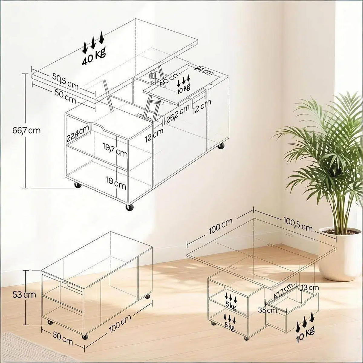 COUCHTISCH DE-37261 Lift-Top ausziehbar mit Rollen Weiß/Holz - Weiß, Holzwerkstoff (50.5/100/53cm) - ComfortXL