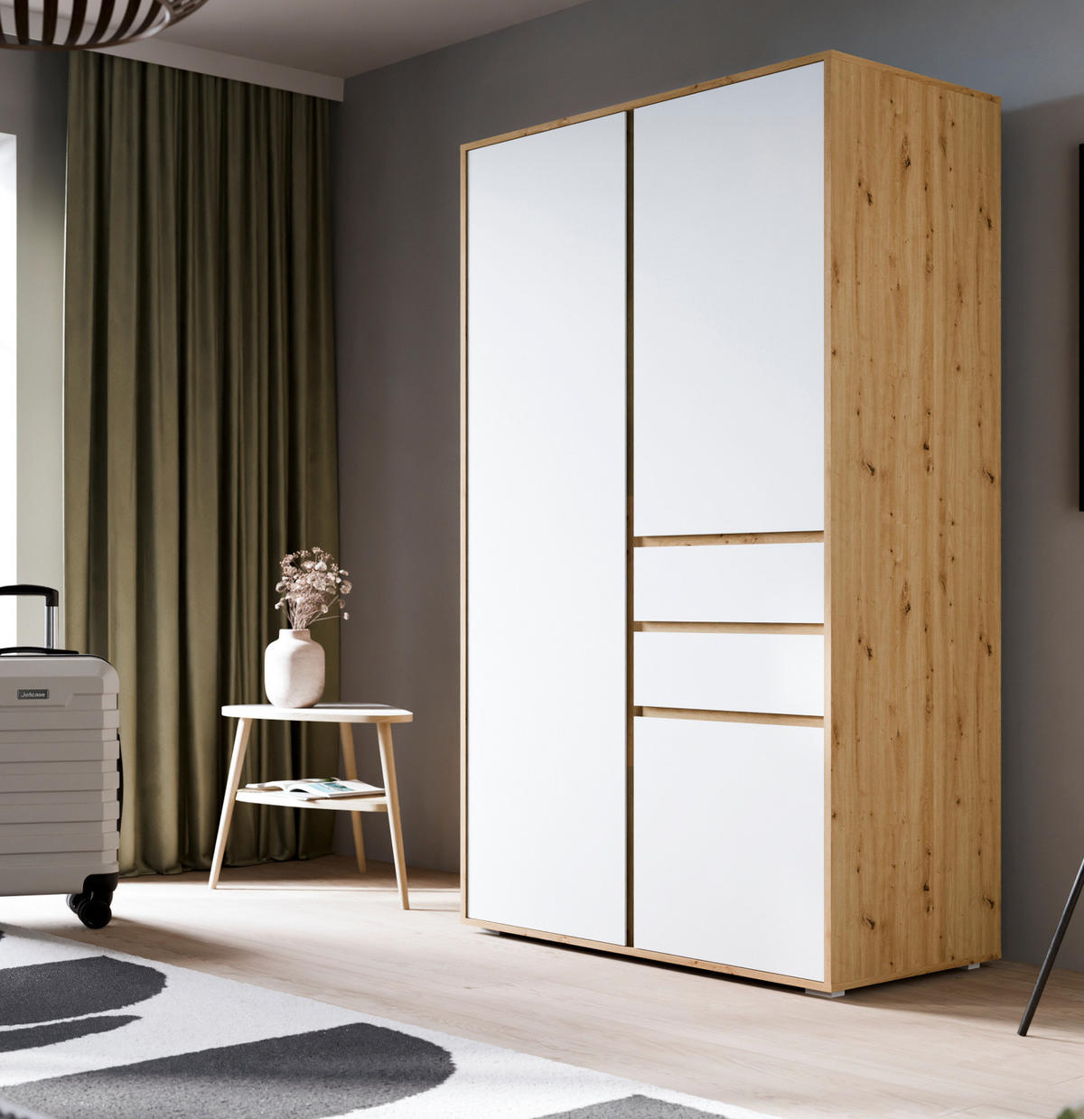 KLEIDERSCHRANK weiß, Eiche Artisan 100 x 194 cm, Drehtürenschrank 3-türig - Silberfarben/Weiß, Holzwerkstoff/Kunststoff (100/194/56cm) - Inn.Furn