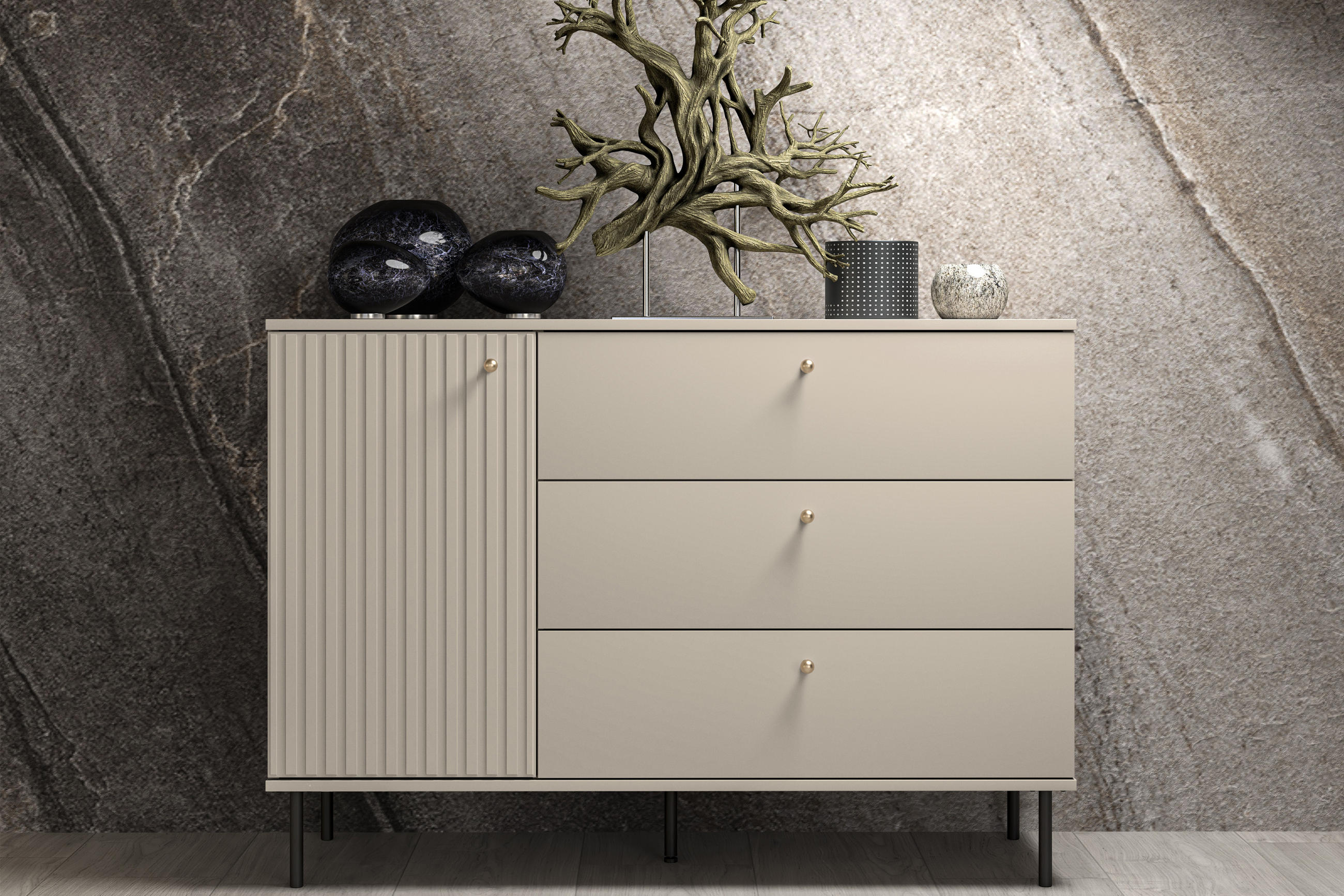 KOMBIKOMMODE DROMA mit Goldelementen, Creme - Creme, Holz (120/85/40cm) - KONSIMO®