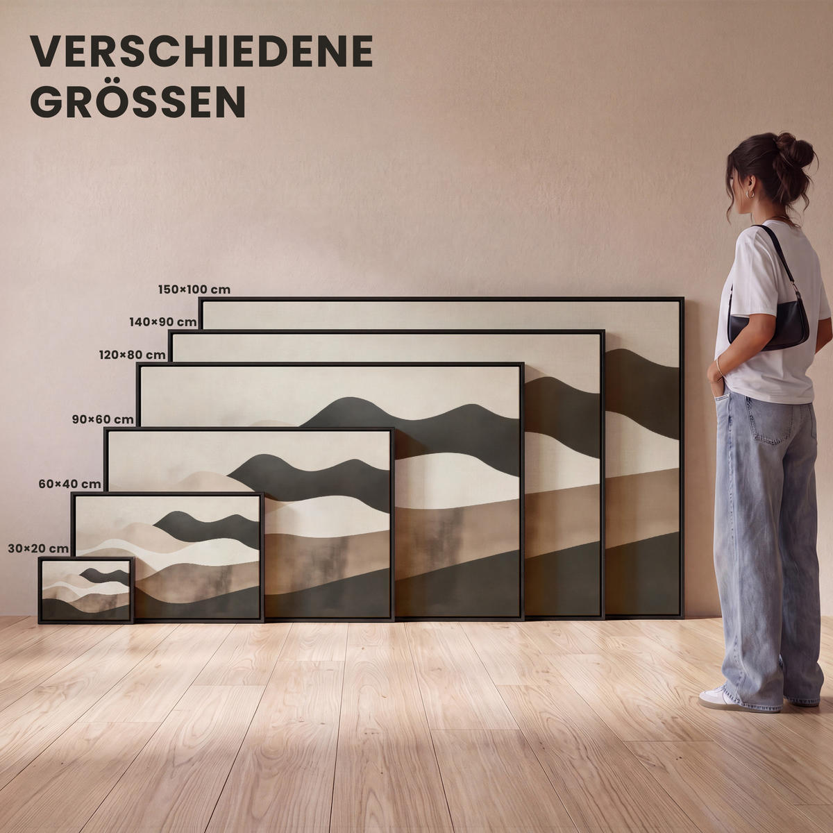 LEINWAND Bilder mit Rahmen - Abstrakt - Landschaft - Wellen - Cremefarben - 30x20 - Cappuccino, Textil (30/20cm) - MuchoWow