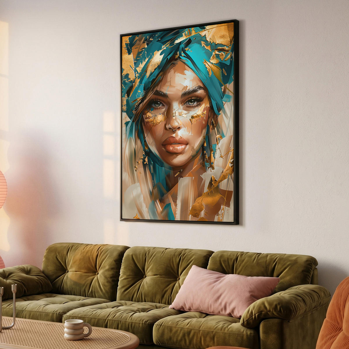 LEINWAND Bilder mit Rahmen - Frau - Porträt - Gold - Luxus - Blau - 100x150 - Türkis, Textil (100/150cm) - MuchoWow