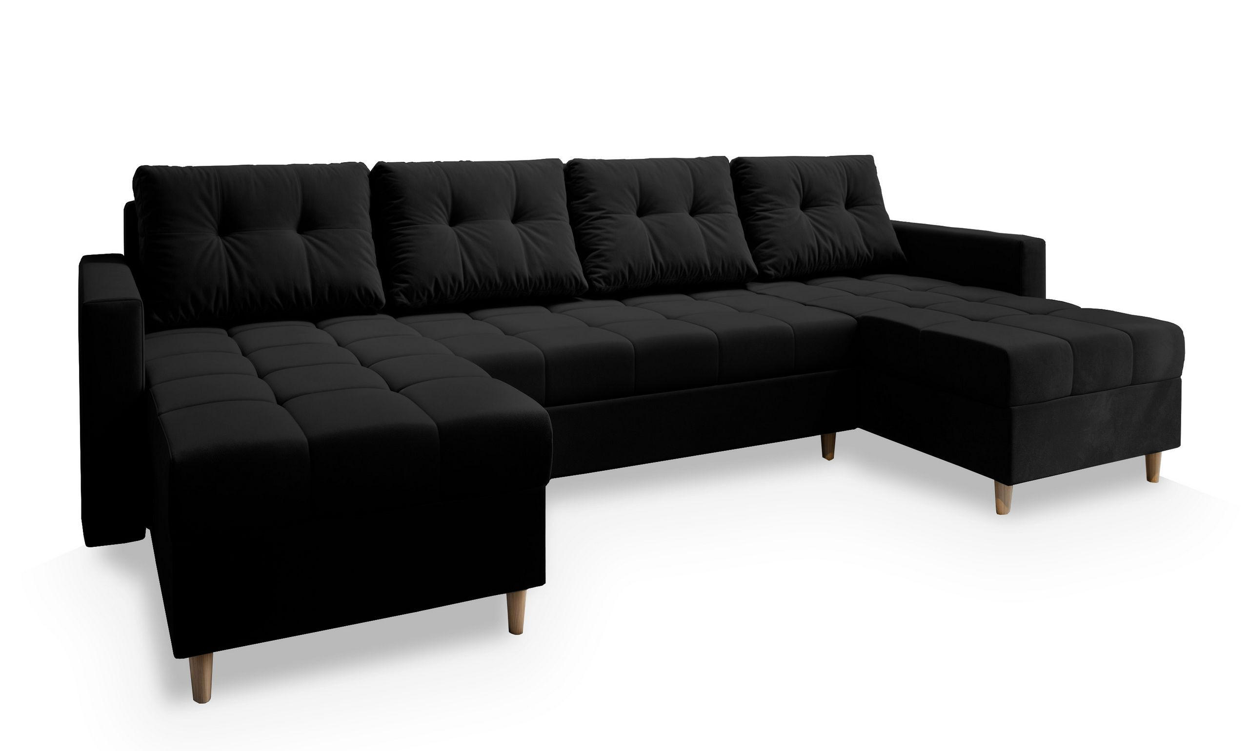 WOHNLANDSCHAFT MILO U Schwarz Plüsch-Stoff mit Schlaffunktion - Schwarz, Holz (285/91/140cm) - MASSENO