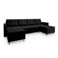 WOHNLANDSCHAFT MILO U Schwarz Plüsch-Stoff mit Schlaffunktion - Schwarz, Holz (285/91/140cm) - MASSENO
