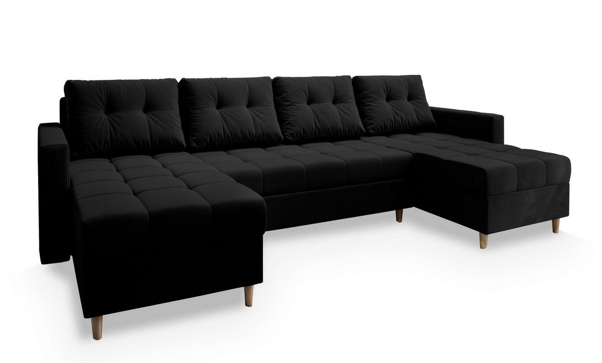 WOHNLANDSCHAFT MILO U Schwarz Plüsch-Stoff mit Schlaffunktion - Schwarz, Holz (285/91/140cm) - MASSENO
