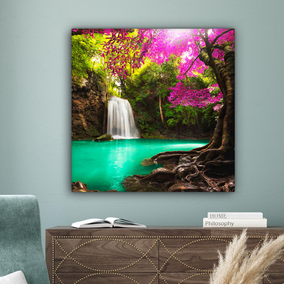 LEINWANDBILD Wasserfall mit bunten Blumen und Bäumen - Natur - Dschungel Deko Groß 90x90 cm - Waldgrün, Textil (90/90cm) - MuchoWow