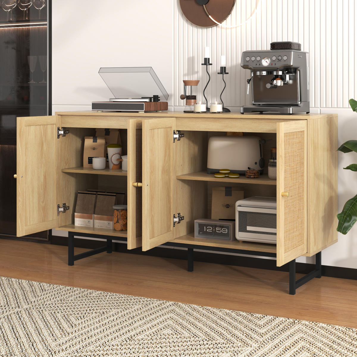 SIDEBOARD mit 4 Türen 140 x 39,5 x 80 cm Holzoptik mit Rattangeflecht - Braun, Holzwerkstoff (140/80/39.5cm) - Meubliv