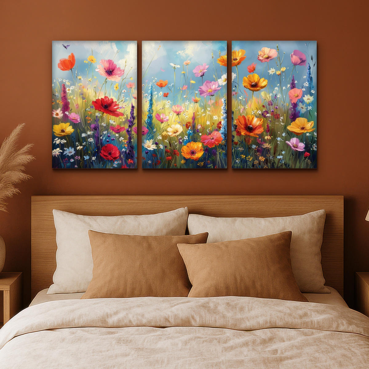 LEINWANDBILD 3er Set Blumen - Frühling - Farbenfroh - Sommerlich 120x60 cm - Orange, Textil (120/60cm) - MuchoWow