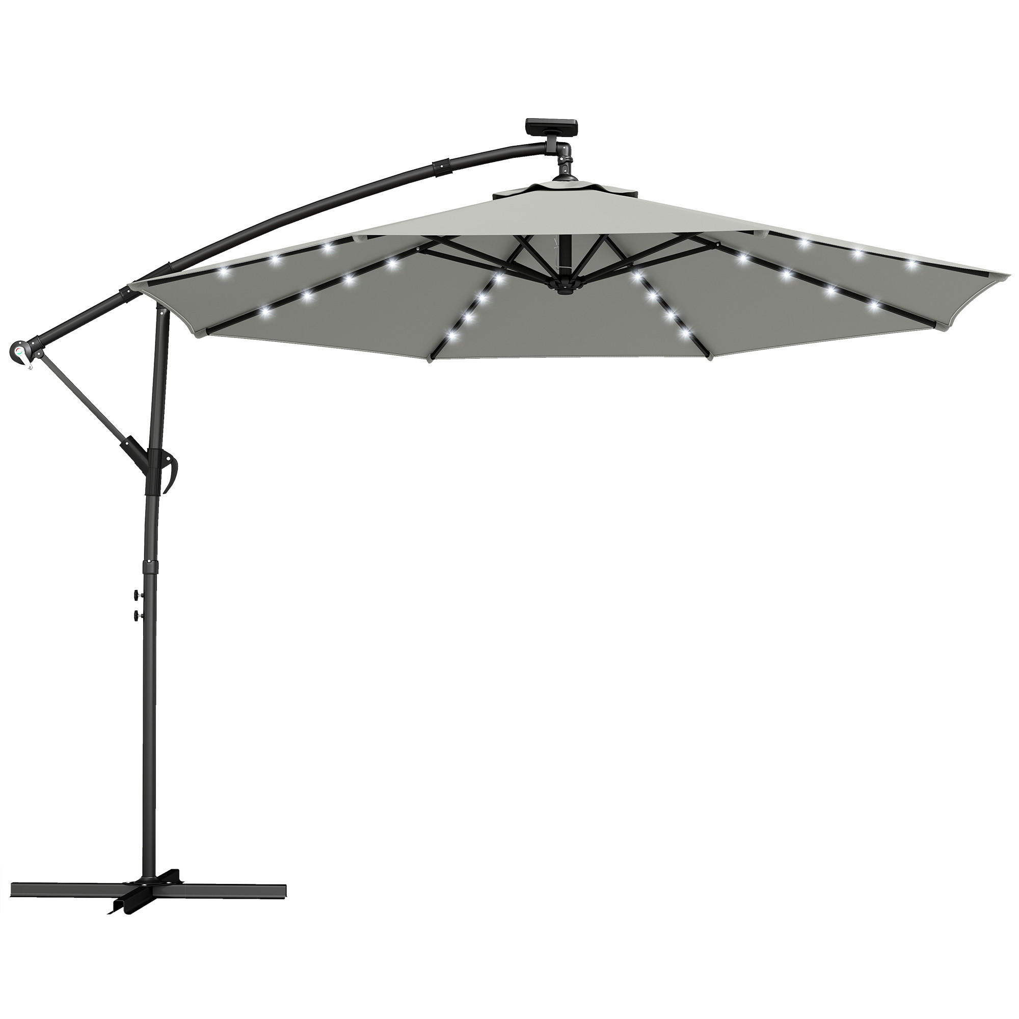 AMPELSCHIRM mit Solar LED aus Polyester Hellgrau Ø300 cm - Hellgrau, Textil/Metall (300/300cm) - Outsunny