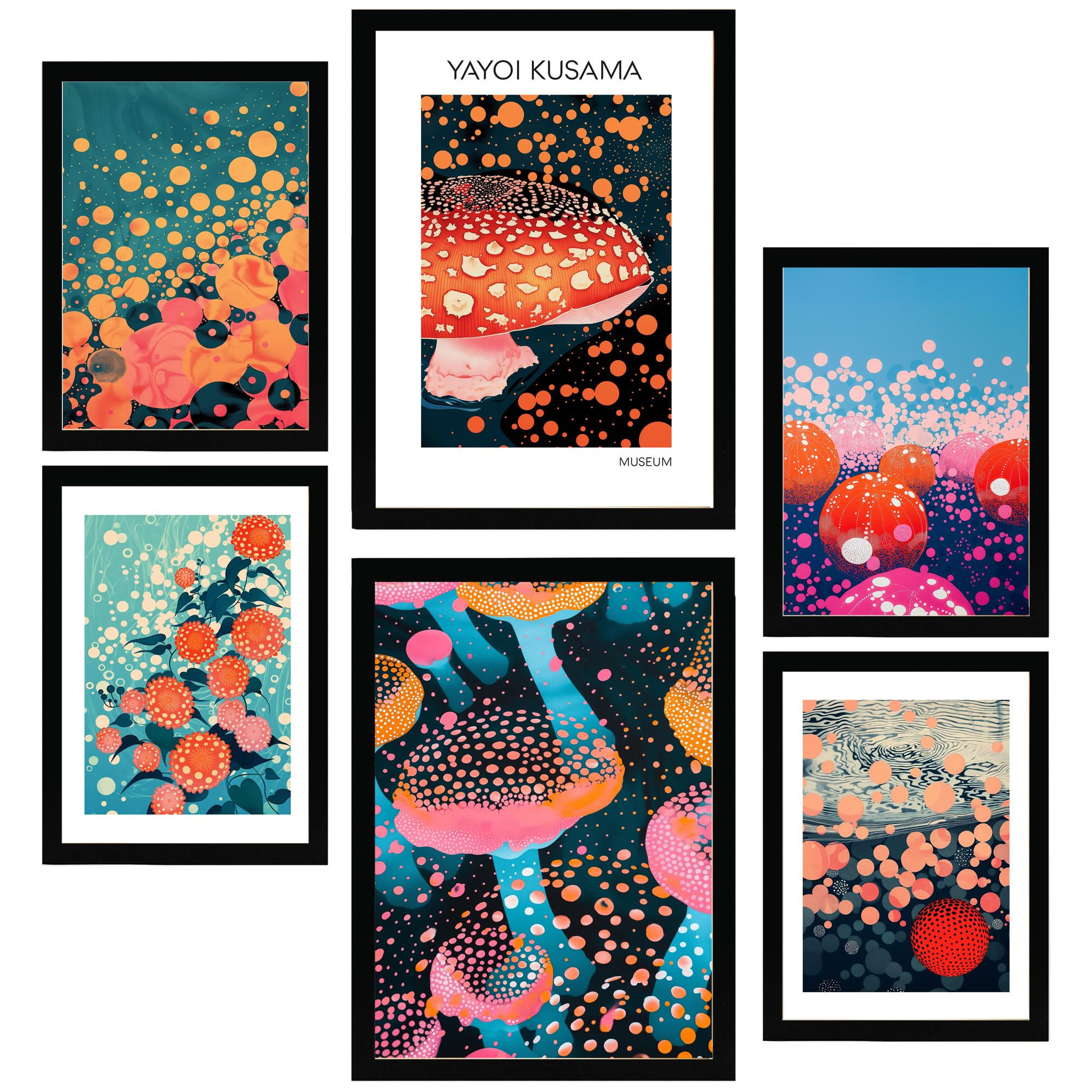 POSTER Set Mit 6 Yayoi Kusama Pilz Wasserblume Japanise A3 & A4 Schwarzer Rahmen - Schwarz, Papier (29/3cm) - Nacnic