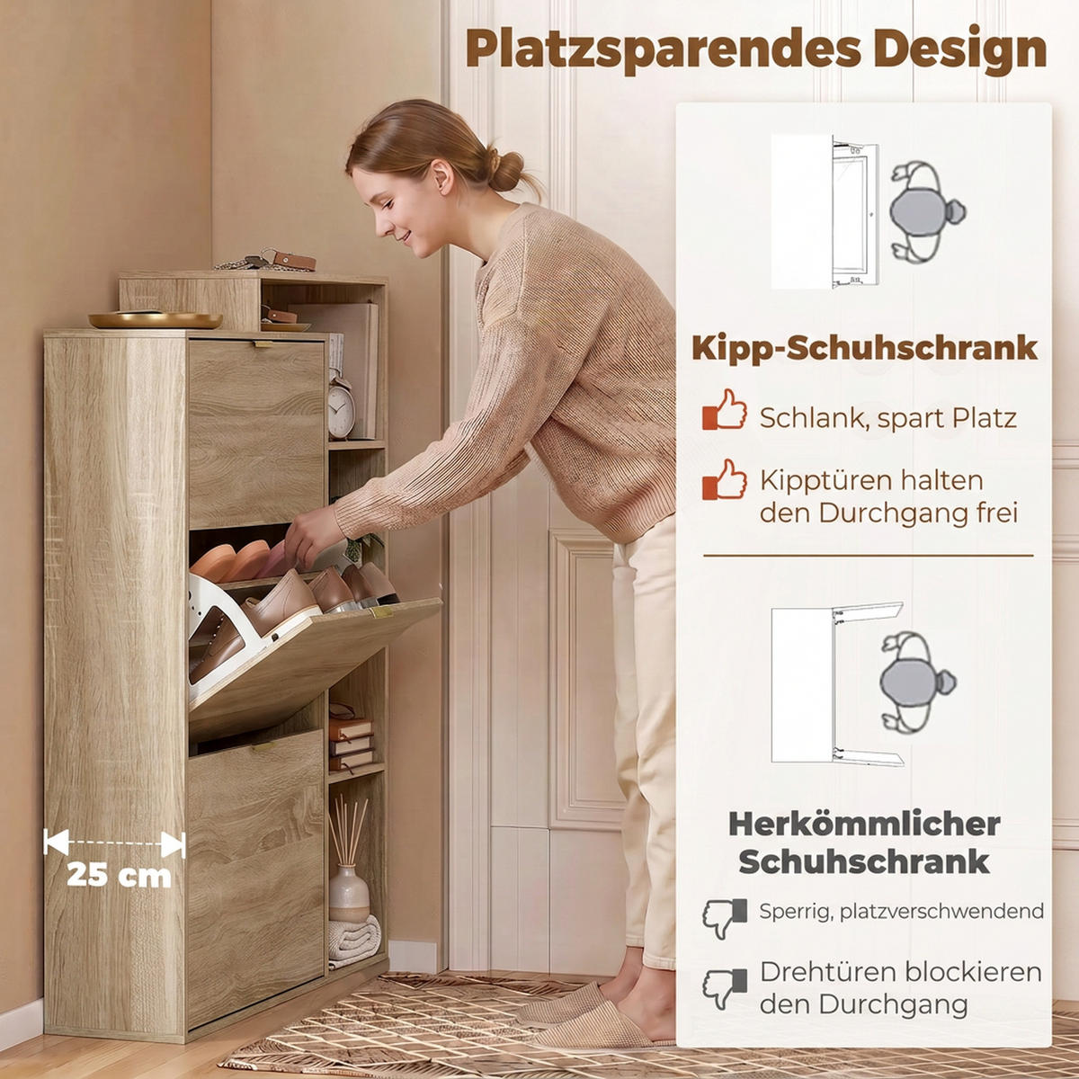 SCHUHSCHRANK MDF Naturholz - Goldfarben/Naturfarben, Holzwerkstoff/Metall (25/123.8/80cm) - HOMCOM