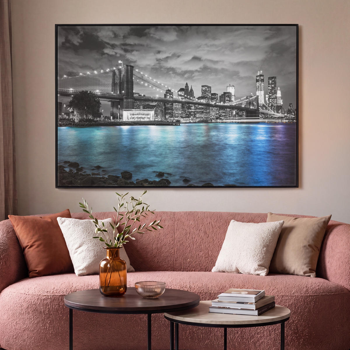 LEINWAND Bilder mit Rahmen - New York - Skyline - Stadt - Blau - 140x90 - Blaugrau, Textil (140/90cm) - MuchoWow