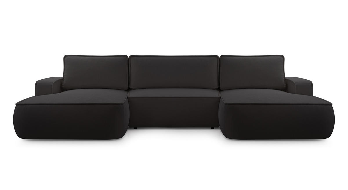 WOHNLANDSCHAFT SOLO Schwarz Boucle-Stoff mit Schlaffunktion - Schwarz, Holz (364/87/168cm) - MASSENO