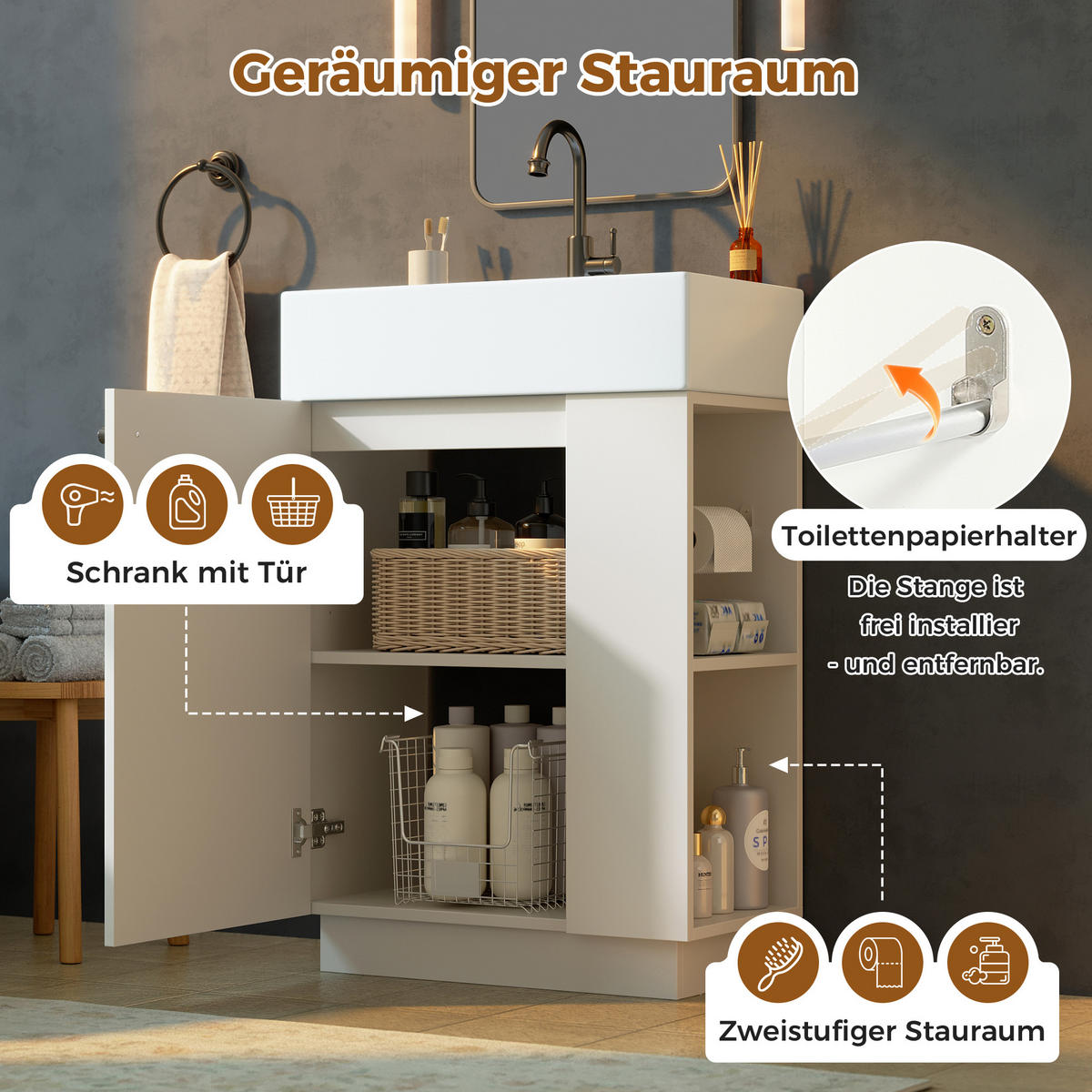BADEZIMMERSCHRANK Waschbeckenunterschrank Rillenoptik Keramik 55cm - Weiß, Keramik (55/87/32cm) - FLIEKS