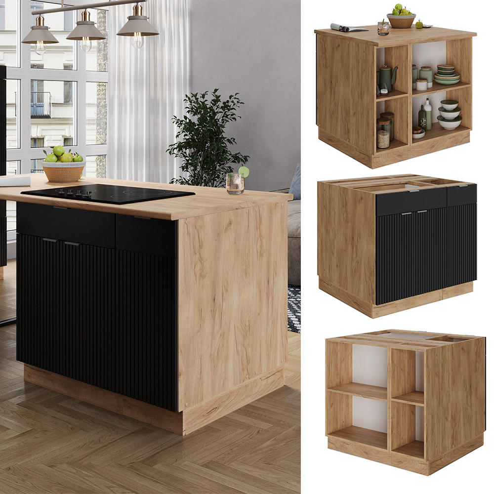 KÜCHENINSEL Fame-Line, Schwarz gestreift, 90 cm mit Schublade, ohne Arbeitsplatte - Honigeiche/Schwarz, Holzwerkstoff (90/82/60cm) - Vicco