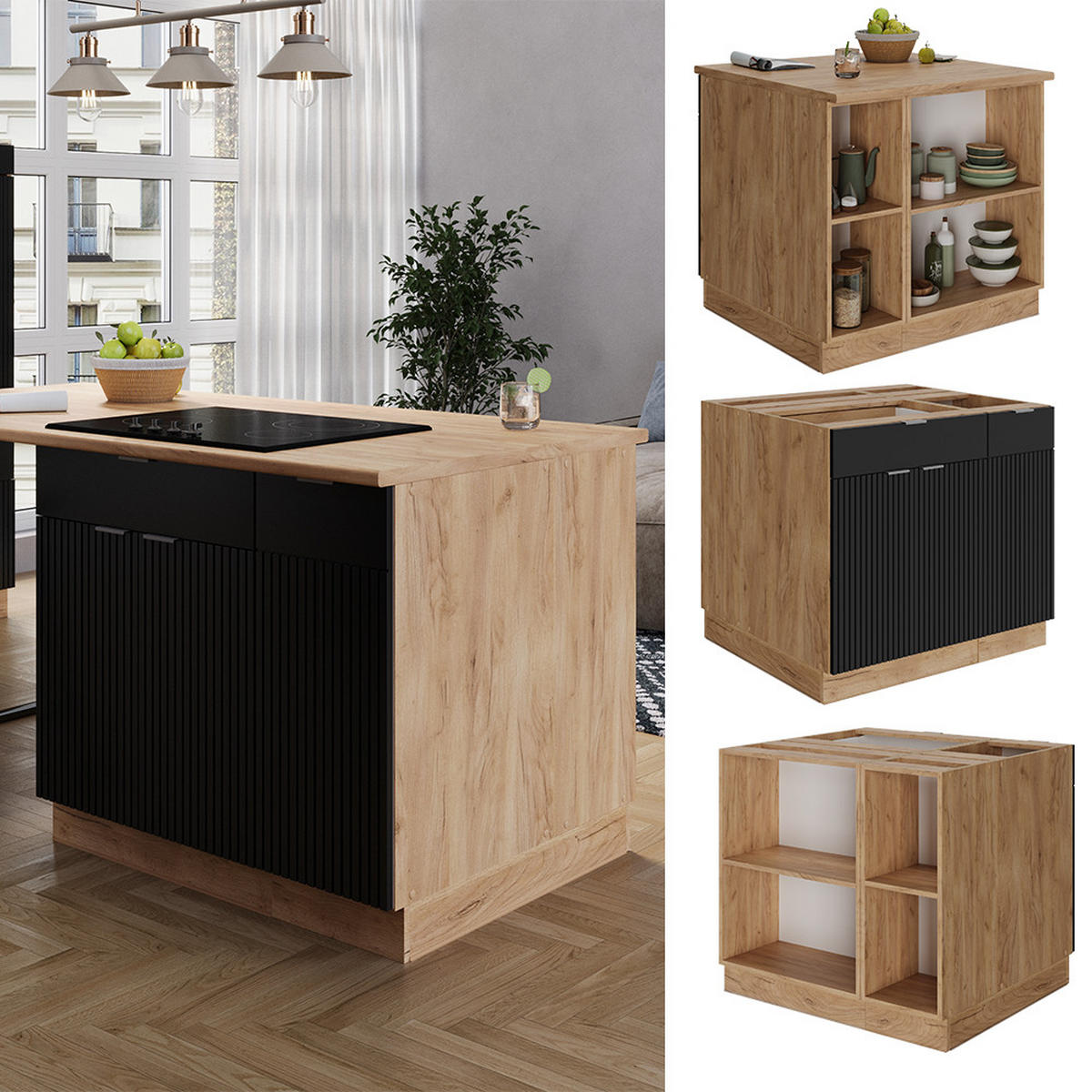KÜCHENINSEL Fame-Line, Schwarz gestreift, 90 cm mit Schublade, ohne Arbeitsplatte - Honigeiche/Schwarz, Holzwerkstoff (90/82/60cm) - Vicco