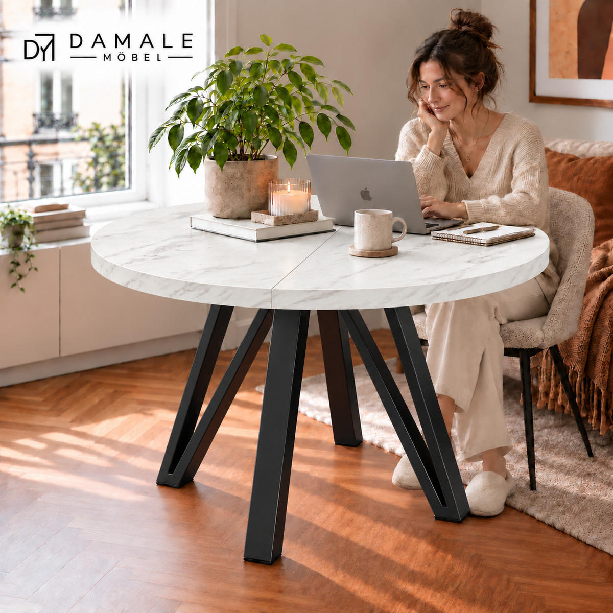ESSTISCH rund ausziehbar 110/210/76 cm, Marmor, 54 cm Tischplatte + Industrial Metallgestell Schwarz - Hellgrau/Schwarz, Holzwerkstoff/Metall (110/210/76cm) - Damale Möbel