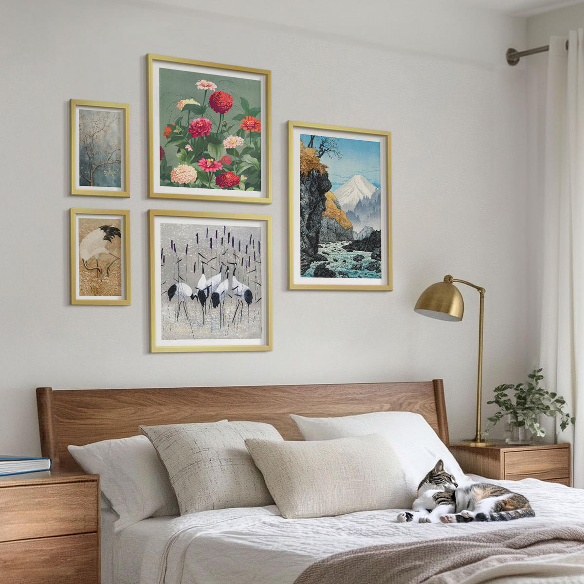 BILDER SET 5er Set - 50x50 cm & 20x30 cm & 40x60 cm Goldrahmen - Berge, Fluss, Blumen, Kraniche - Goldfarben, Kunststoff (40/60cm) - TULUP