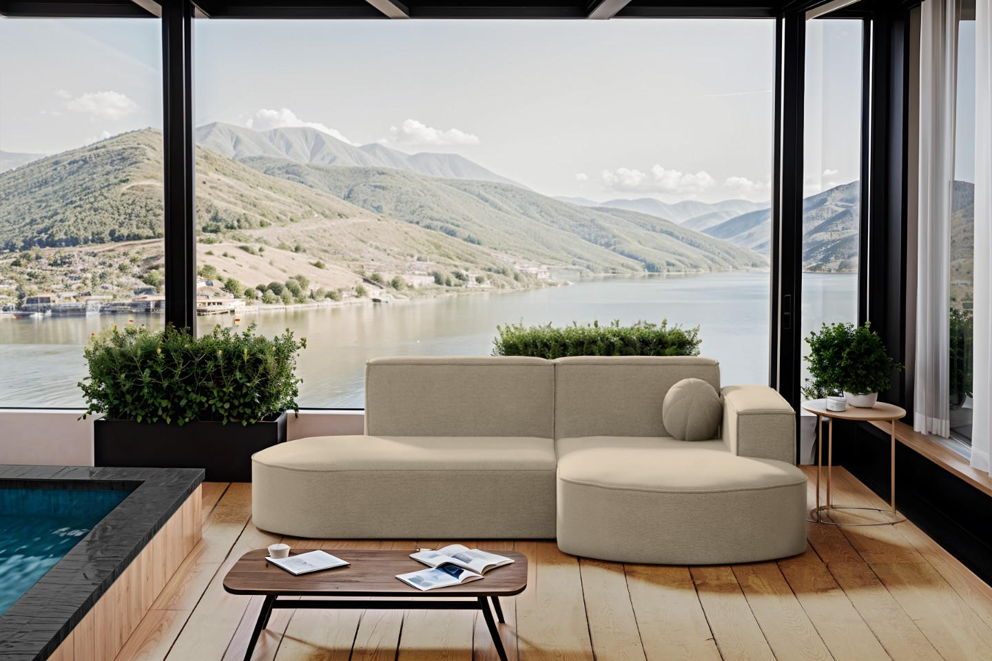 GARTENECKSOFA L-Form Designer Modena Studio Patio Beige Rechts - Beige, Holz/Textil (236/78/165cm) - Kaiser Möbel